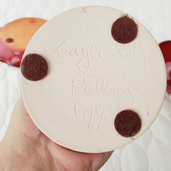 Vintage Owens Pottery 3PC Set Hand Crafted Candle Holder Red Handled Collectible - Picture 9 of 13